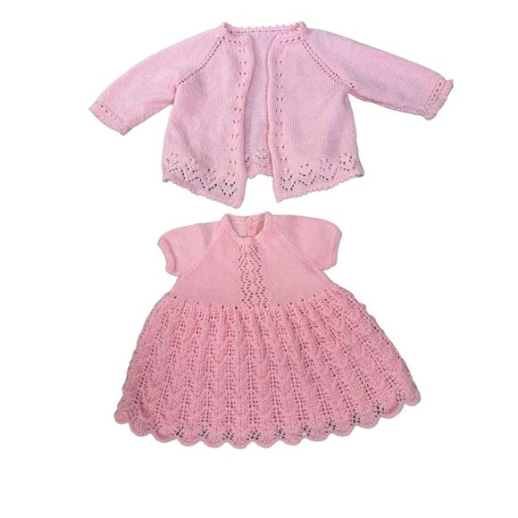 Vintage Handmade Baby Dress & Cardigan Set – Pink Knit Lace, Special Occasion Ou - Picture 2 of 16